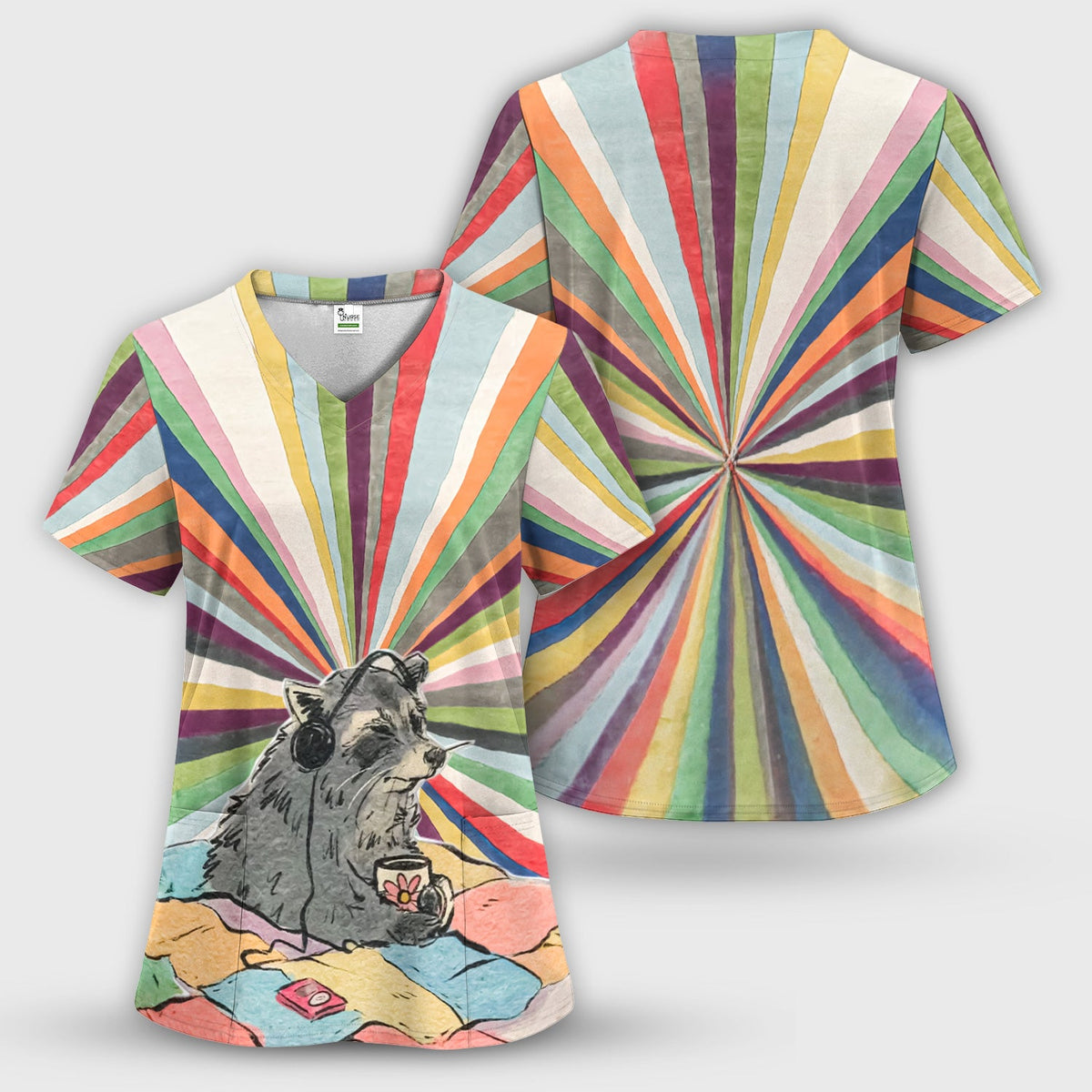Chill Raccoon Rainbow Music Nurse Scrub Set