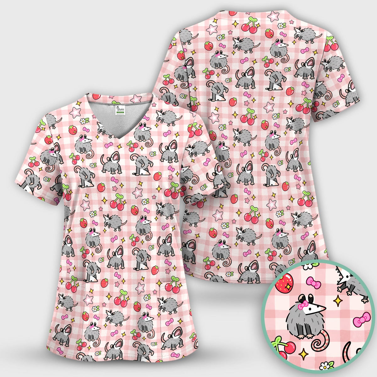 Opossum And Cherries Gingham Nurse Scrub Set
