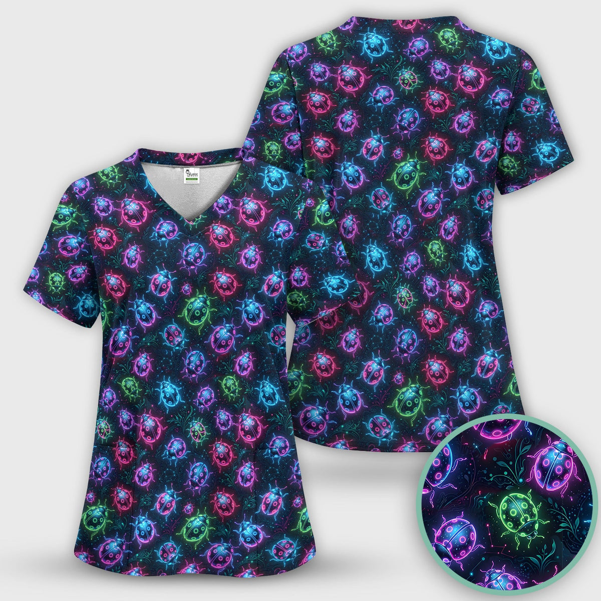 Colorful Neon Ladybug Nurse Scrub Top