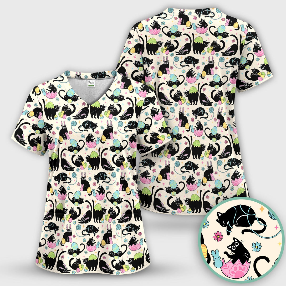 Funny Easter Black Cat Egg Pattern Scrub Set, Scrub Pants and V Neck Top