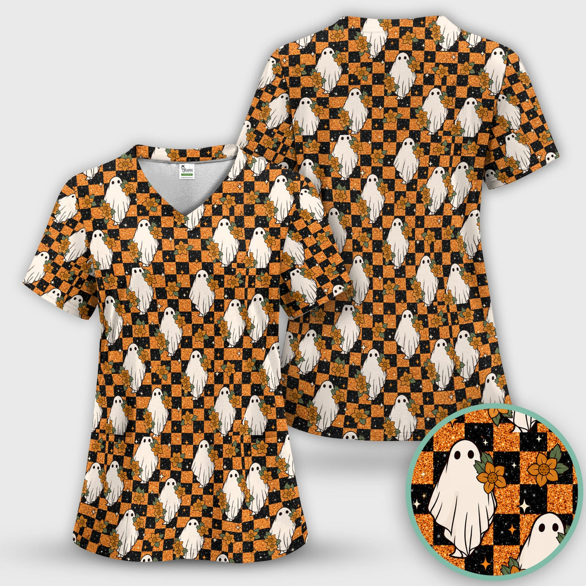 Spooky Ghost Checkerboard Nurse Scrub Set