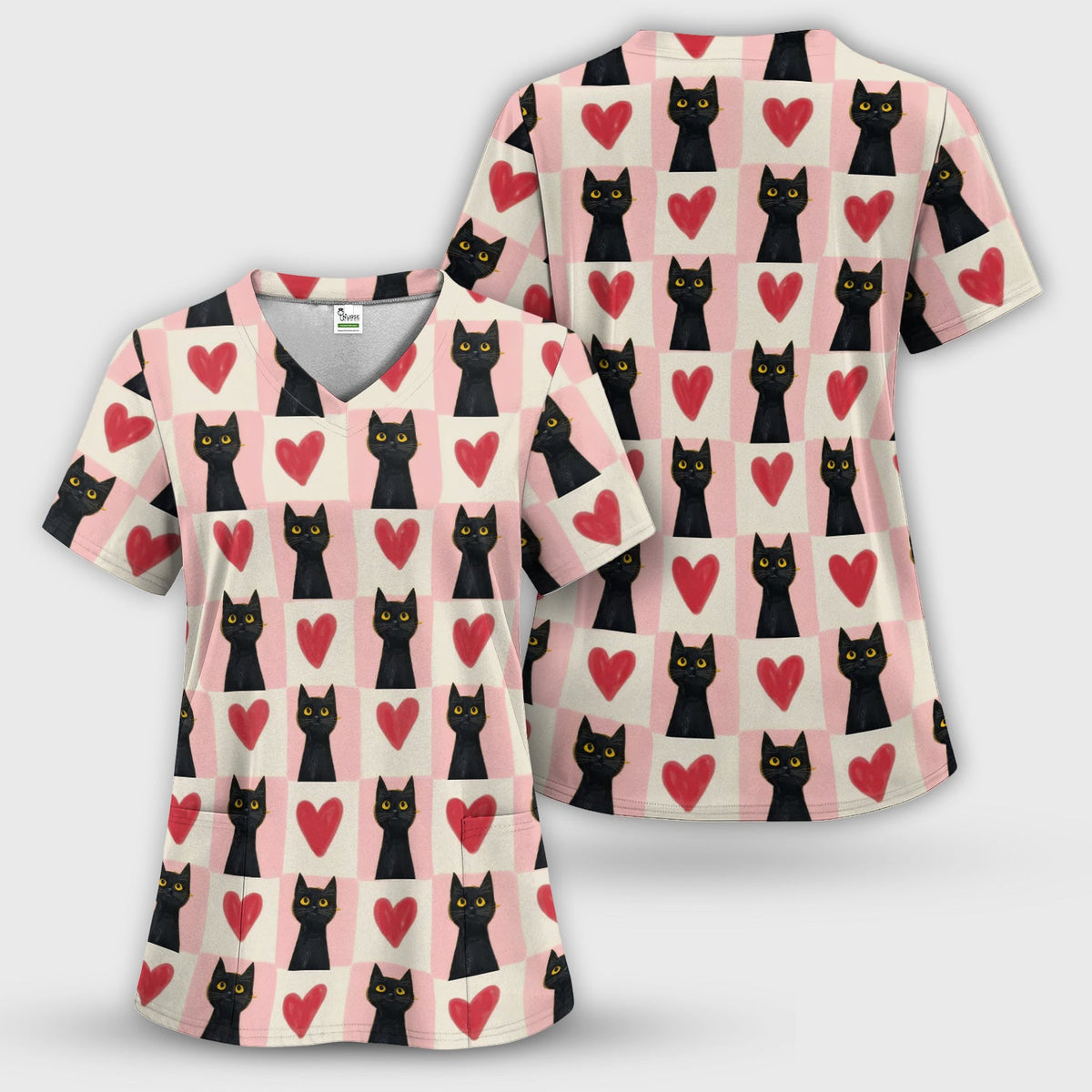 Cute Black Cat Heart Nurse Scrub Set