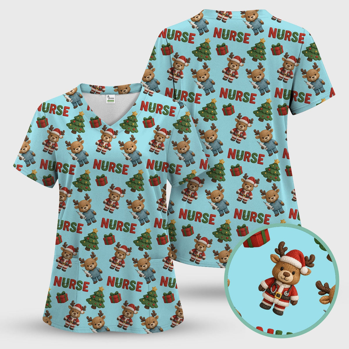Reindeer Christmas Scrub Top, Cute Holiday Nurse Scrub Shirt, Festive Pattern Nursing Uniform