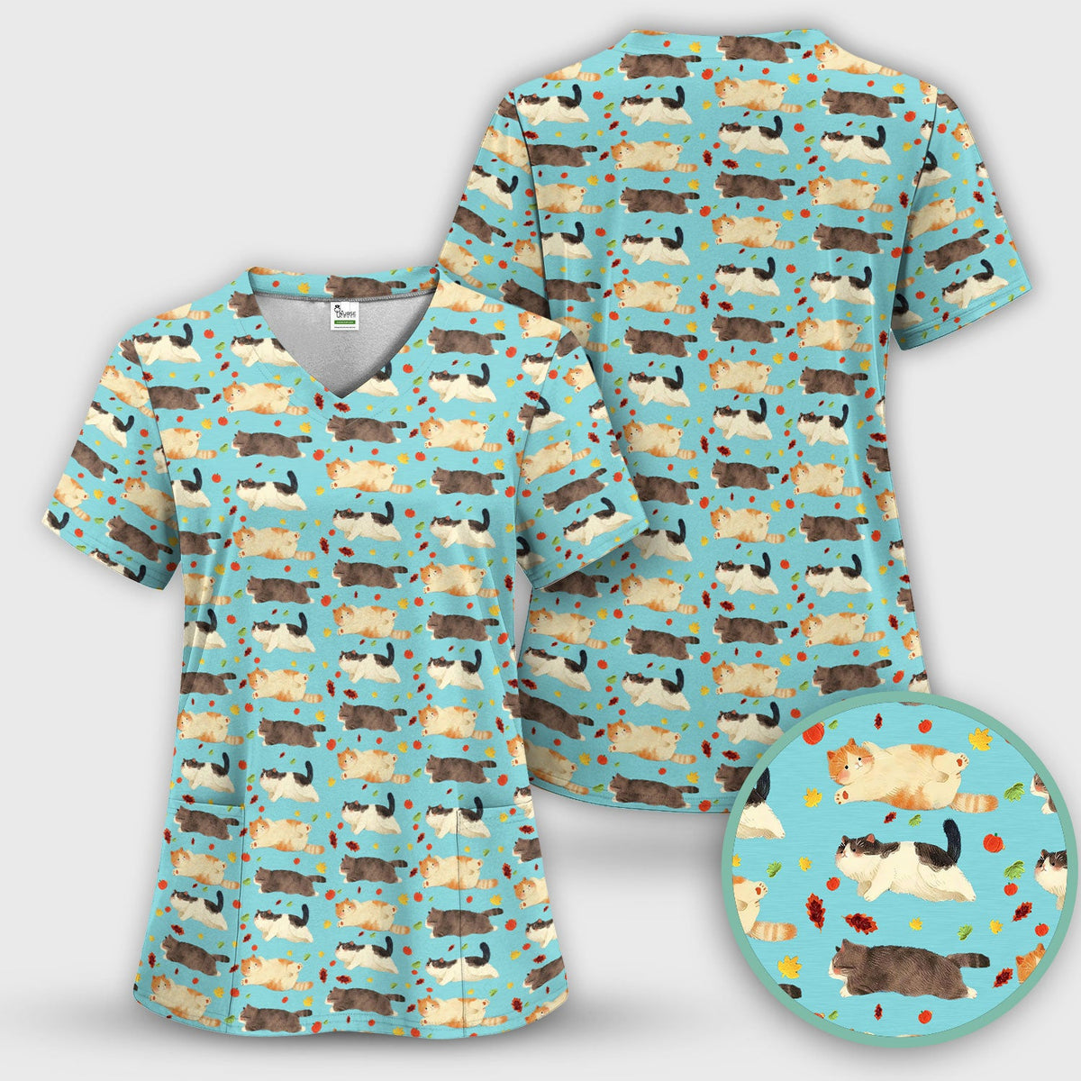 Chubby Cat Autumn Leaves Nurse Scrub Set