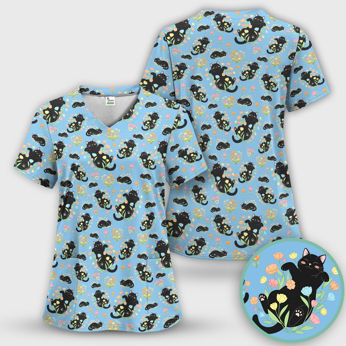 Cats Cute Poses Floral Nurse Scrub Top