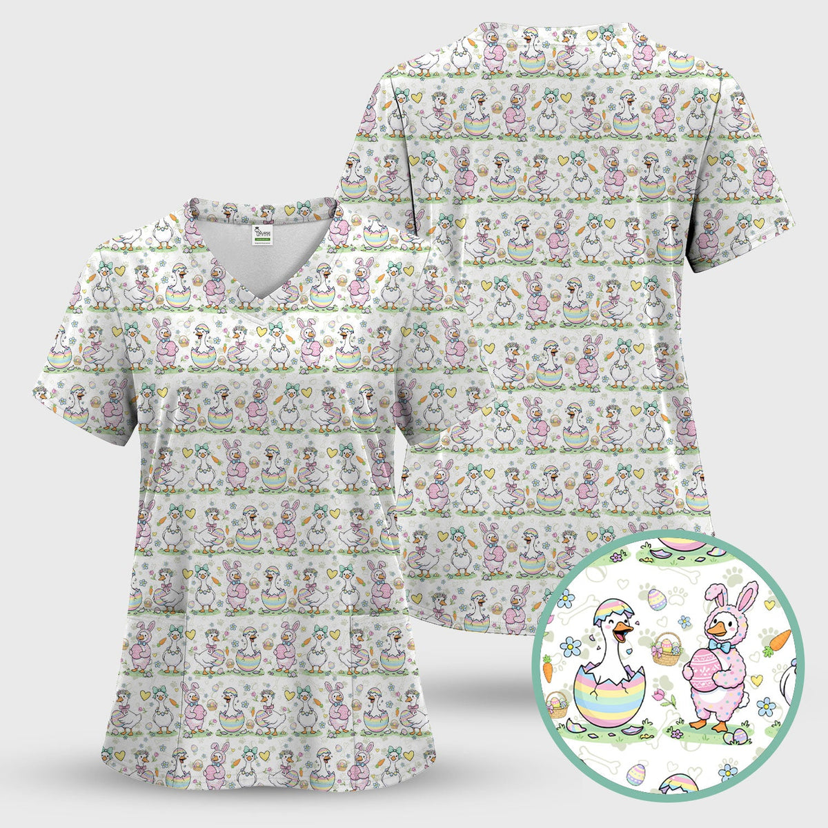 Pastel Easter Goose Bunny Egg Pattern Scrub Top, Comfortable Scrubs for Nurses