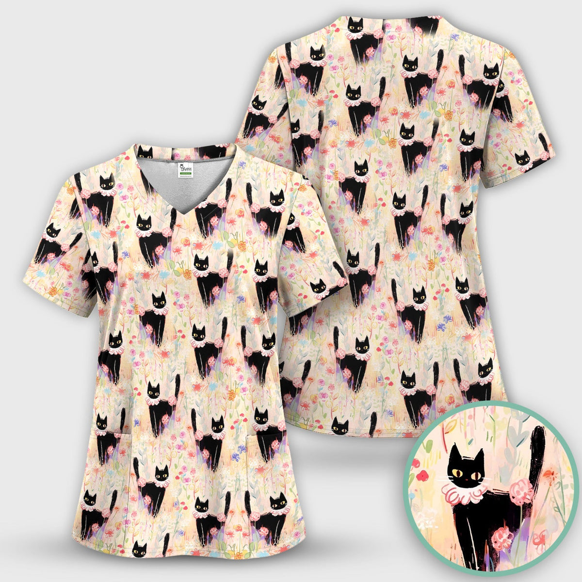 Black Cat Floral Garden Nurse Scrub Set