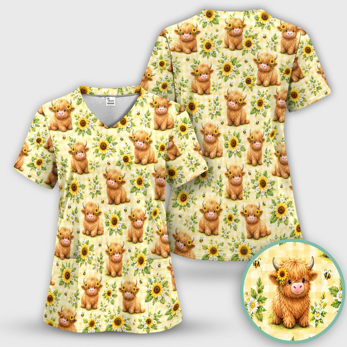 Sunflower Highland Cow Bee Nurse Scrub Set