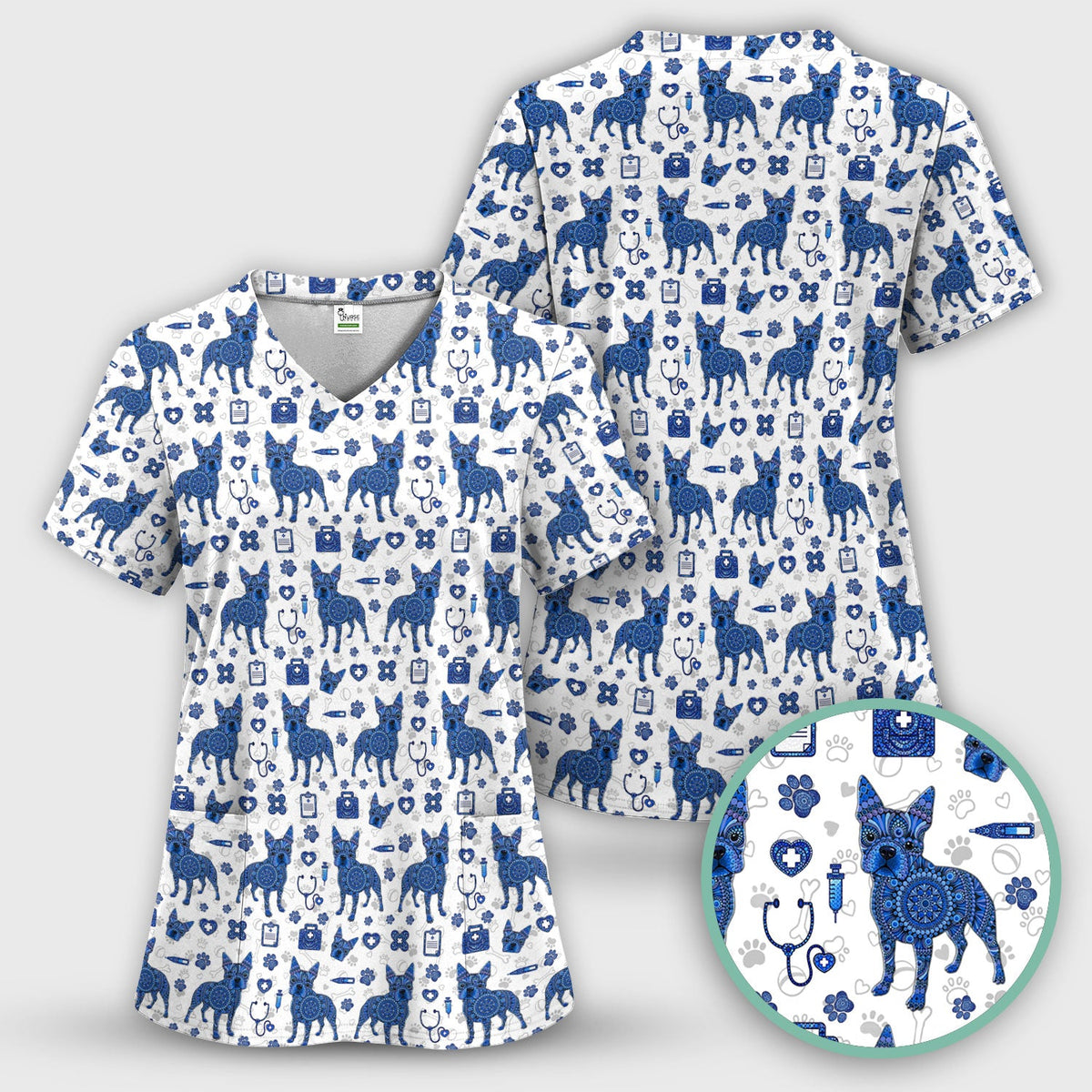 Blue Heeler Australian Cattle Dog Scrub Top, Australia Dot Art Pattern Shirt, Breathable Fabrics Nursing Uniform