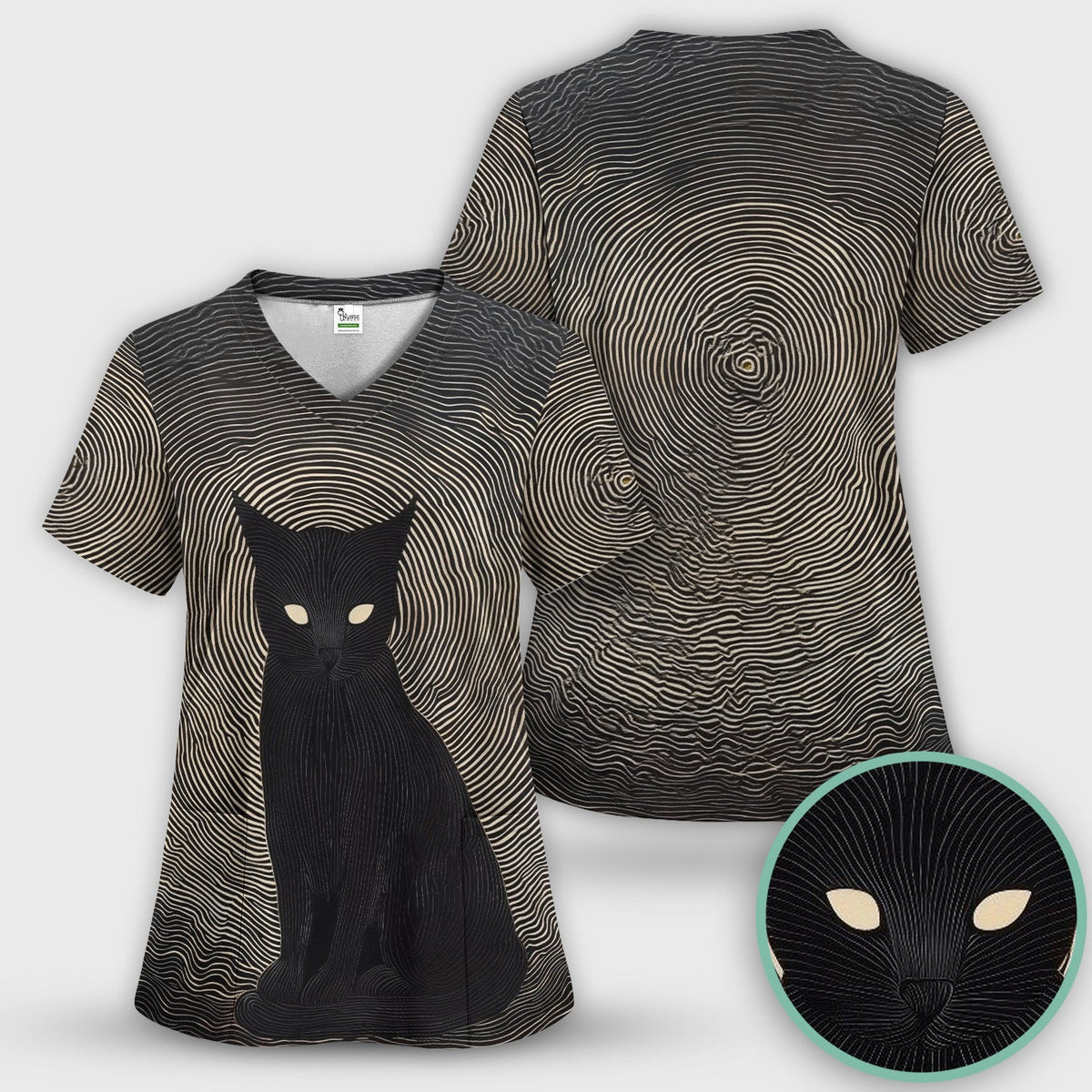 Black Cat Line Art Nurse Scrub Set