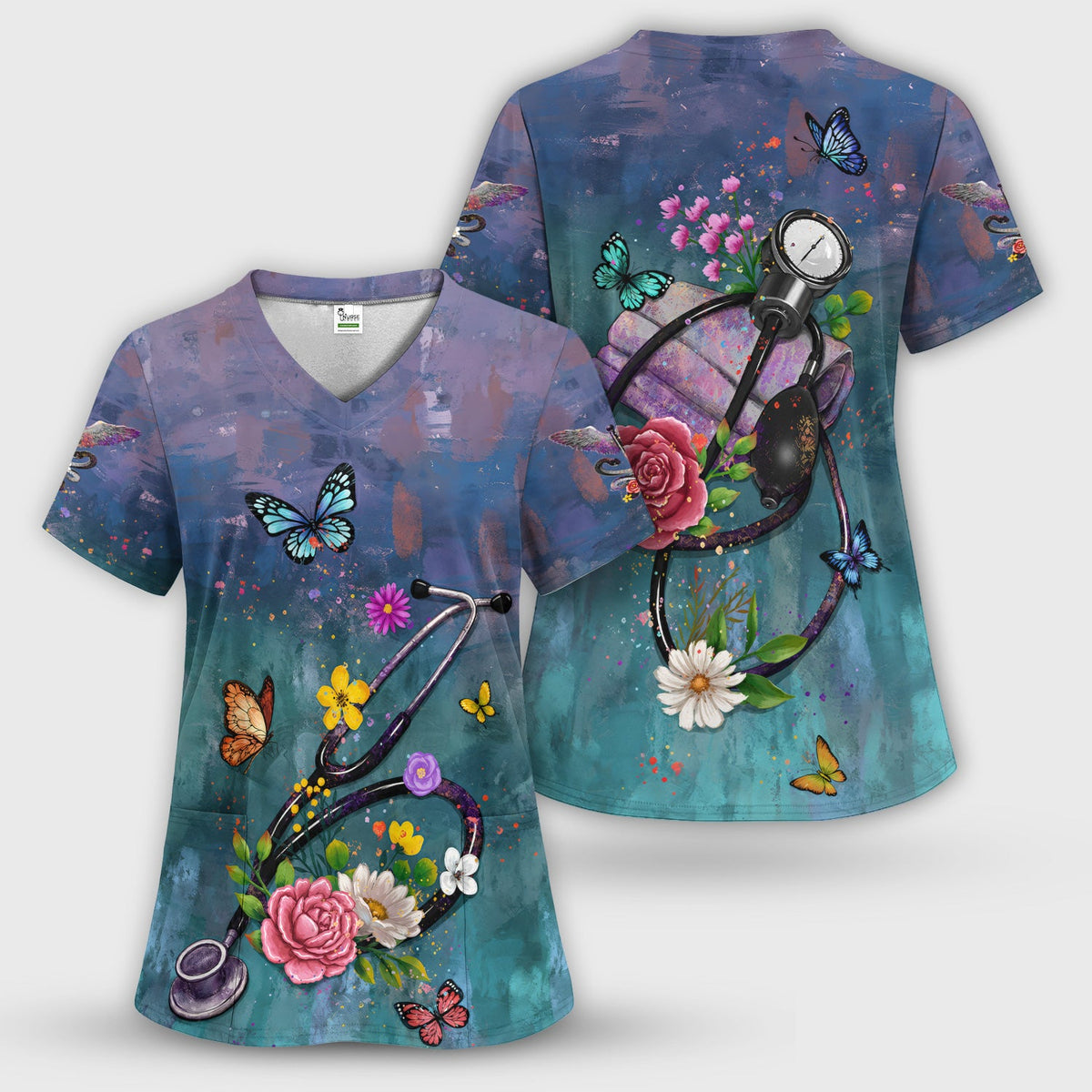 Floral Stethoscope Nurse Scrub Set