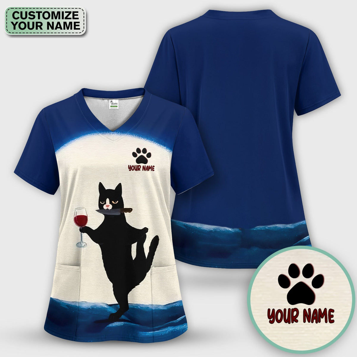 Personalized Cat Wine Glass Knife Nurse Scrub Top