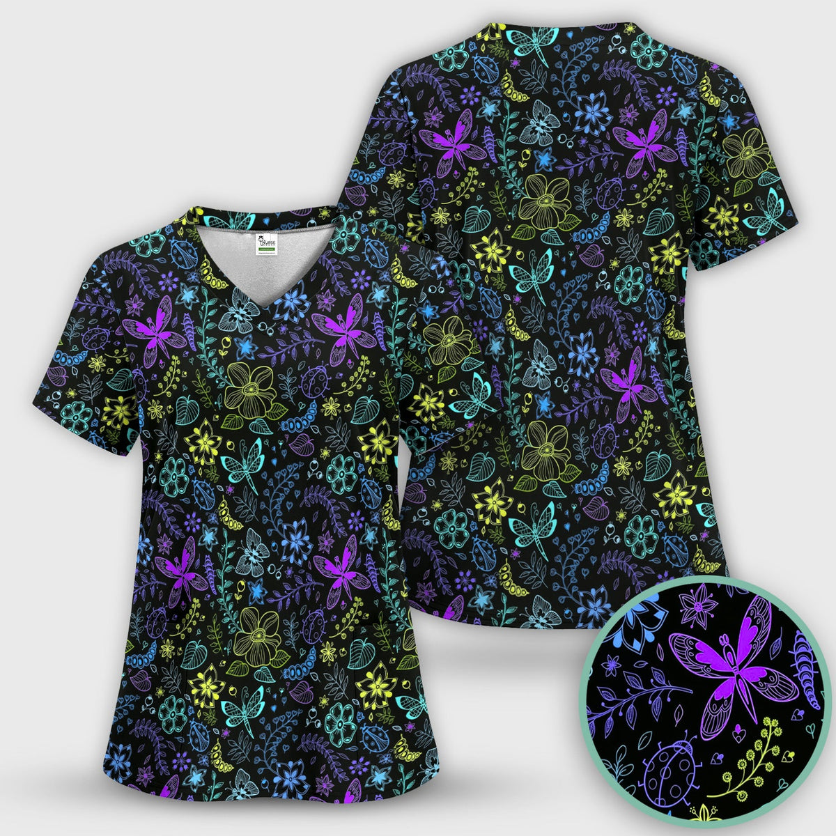 Neon Butterfly Floral Garden Nurse Scrub Set