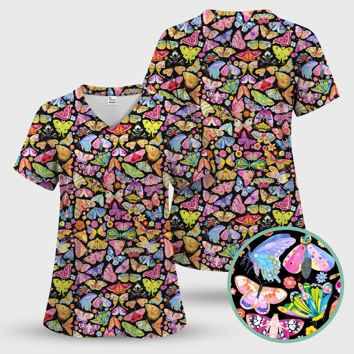 Cute Bright Butterfly Moth Floral Nurse Scrub Set
