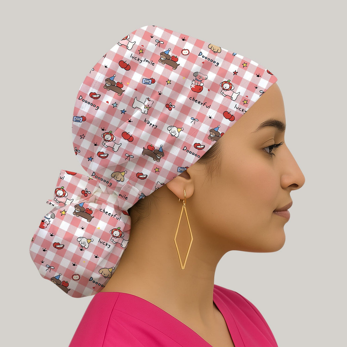 Cartoon Puppy Apple Gingham Scrub Cap