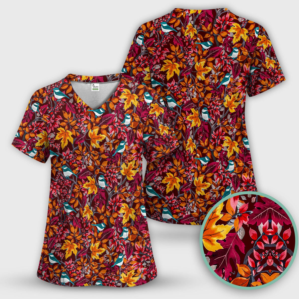 Autumn Leaves Blue Bird Nurse Scrub Top