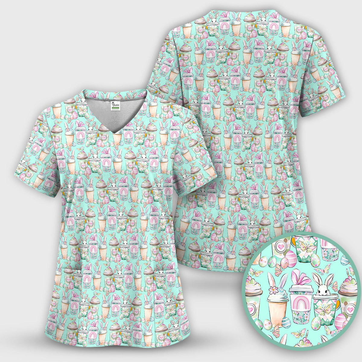 Bunny Coffee Cup Nurse Scrub Set - Easter Gift