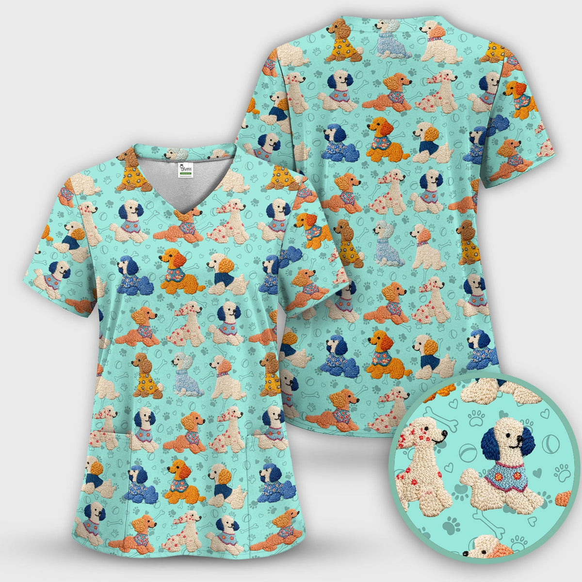 Cute Colorful Poodle Pattern Scrub Top, Comfortable Scrubs for Nurses