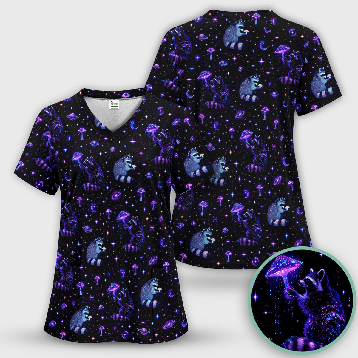 Raccoon Mushroom Galaxy Nurse Scrub Top