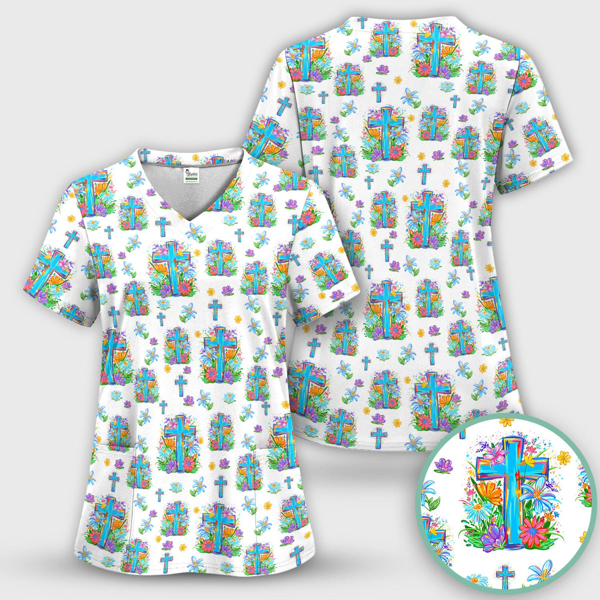 Christian Floral Cross Spring Nurse Scrub Set