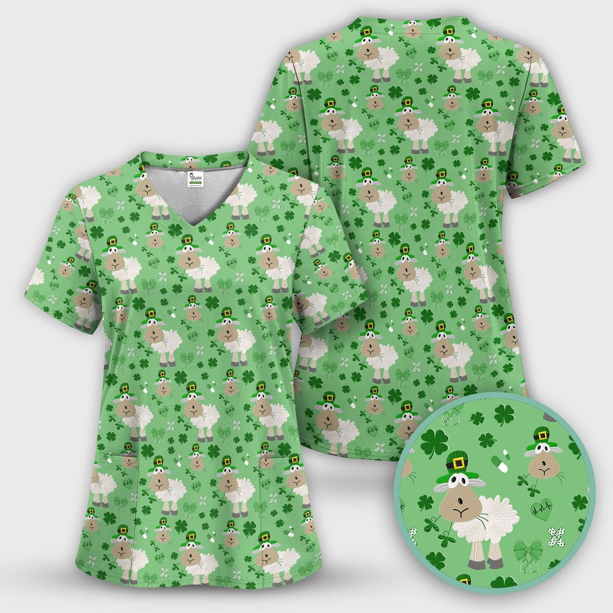 Nurse St. Patrick's Day Scrubs Top, Cute Sheep Shamrock Pattern Nurse Shirt, Breathable Fabrics Nursing Uniform