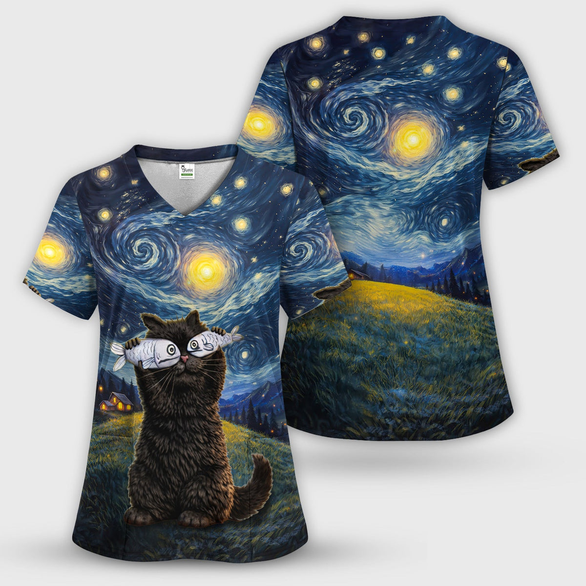 Starry Night Cat Art Print V Neck Nursing Scrub Top, for Cat Lover Nurses