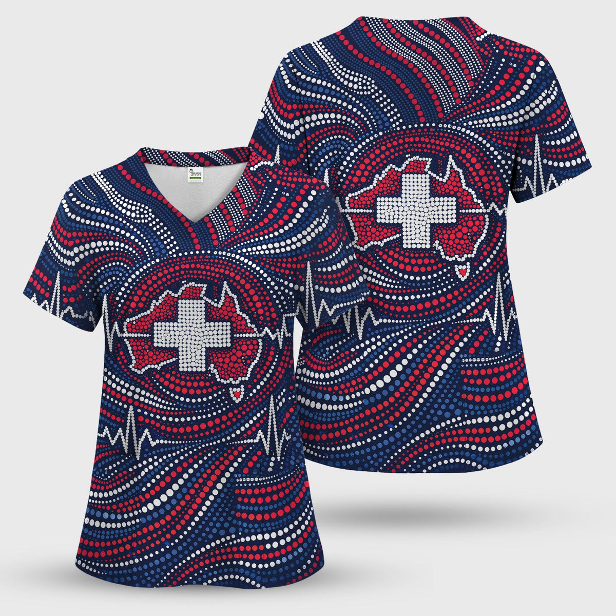 Dot Art Medical Cross Heartbeat Print Scrub Top, Comfortable Scrubs for Nurses