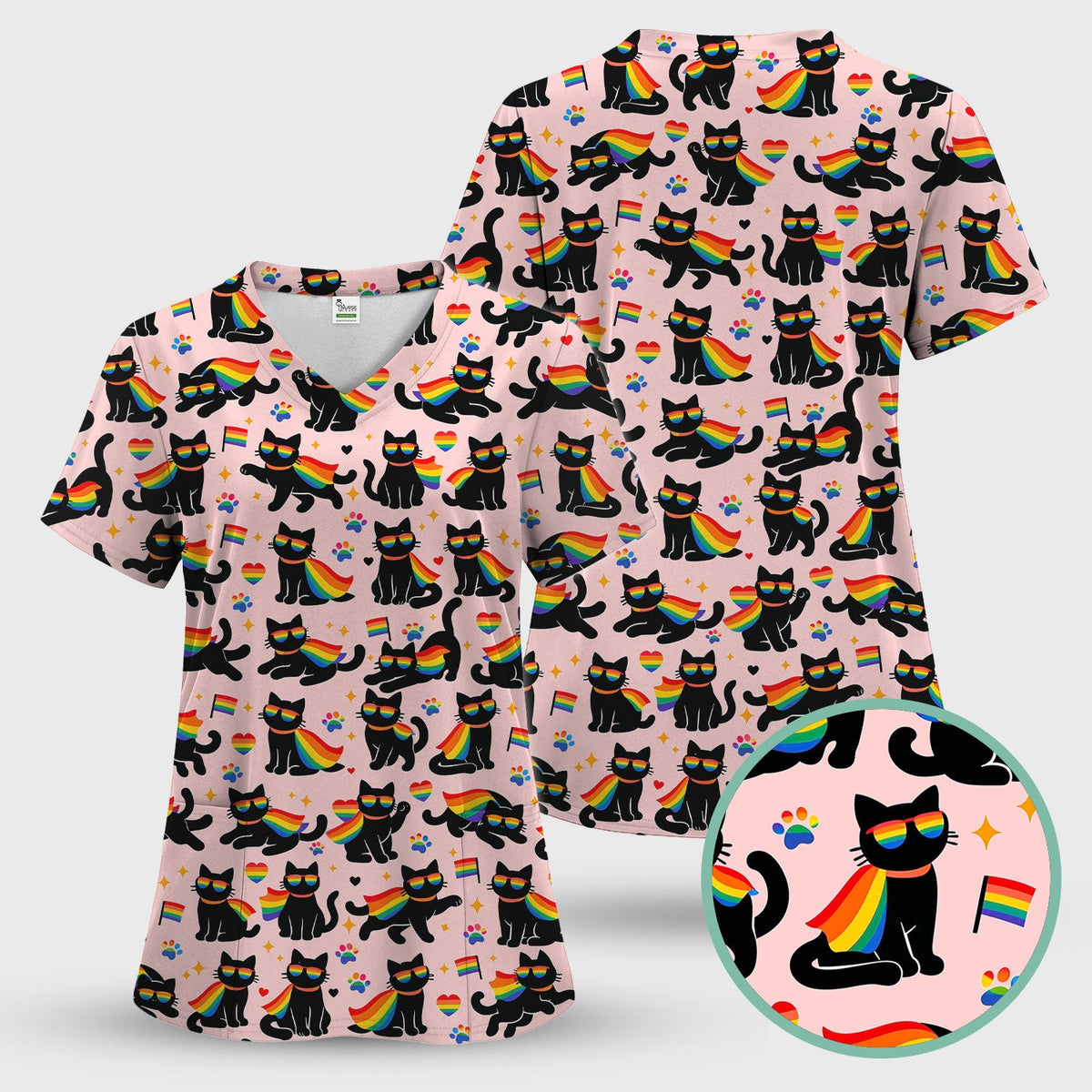 Rainbow Black Cat Pride Nurse Scrub Top