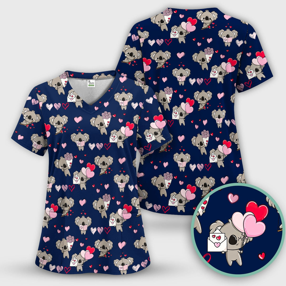 Valentine Koala Holding Flowers Nurse Scrub Set