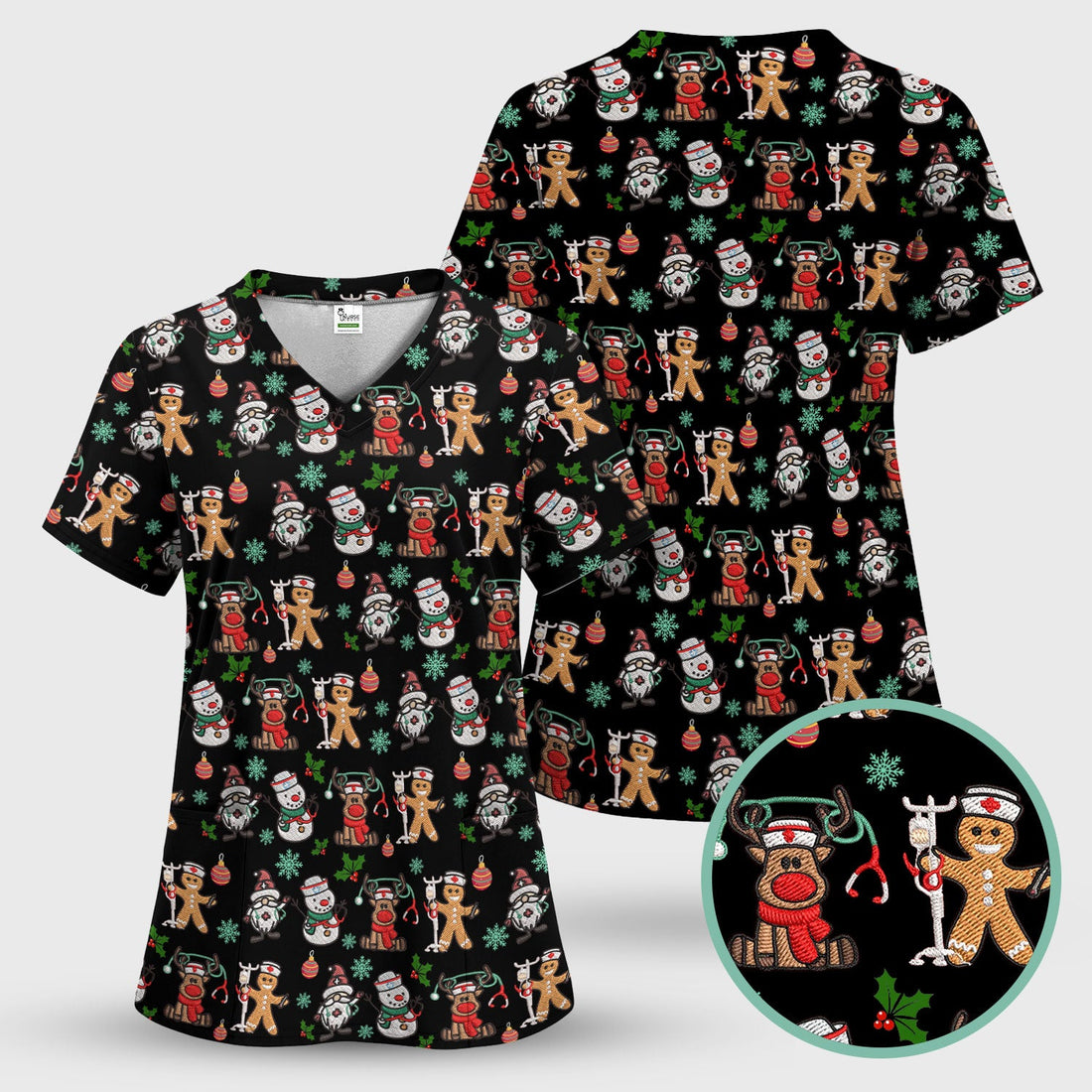 Christmas Gingerbread Scrubs for Women - Comfortable Scrubs for Nurses - Reindeer Santa Med Shirt - Breathable Fabrics Nursing Uniform