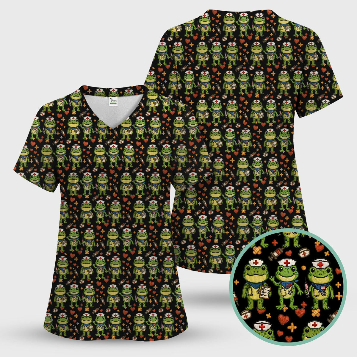 Frog Pattern Scrub Top, Cute Frog Scrub Shirt, Breathable Fabrics Nursing Uniform