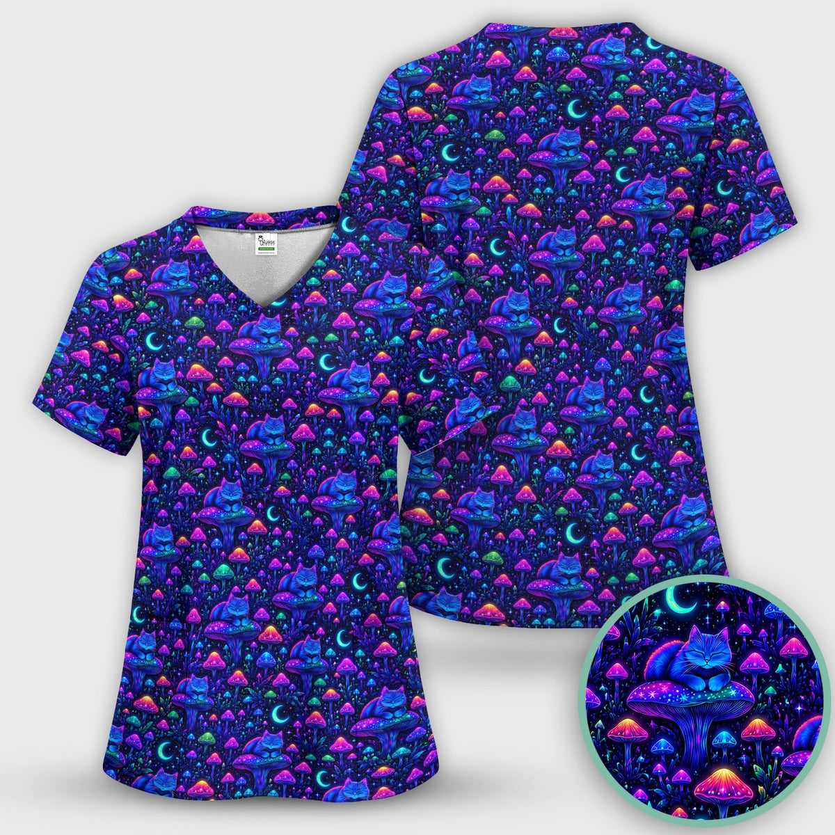 Neon Mushroom Cat Galaxy Nurse Scrub Set