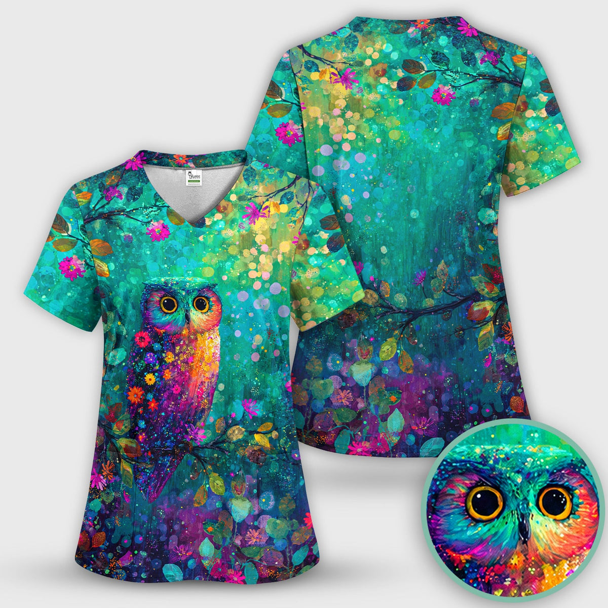 Colorful Owl Forest Nurse Scrub Top
