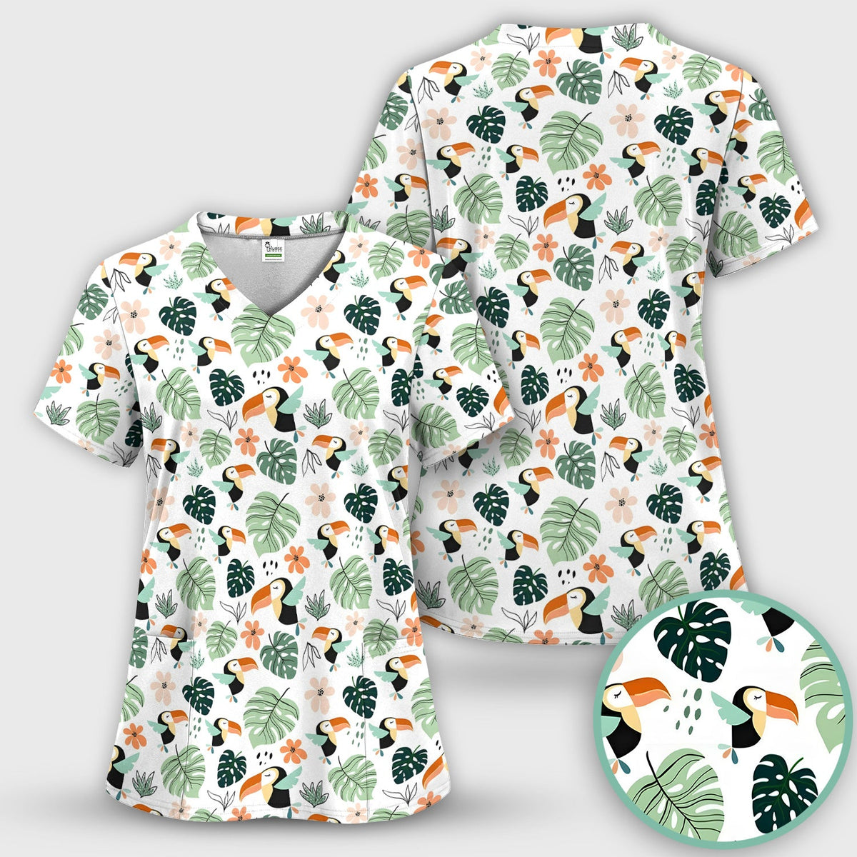 Tropical Toucan Leaf Floral Nurse Scrub Top
