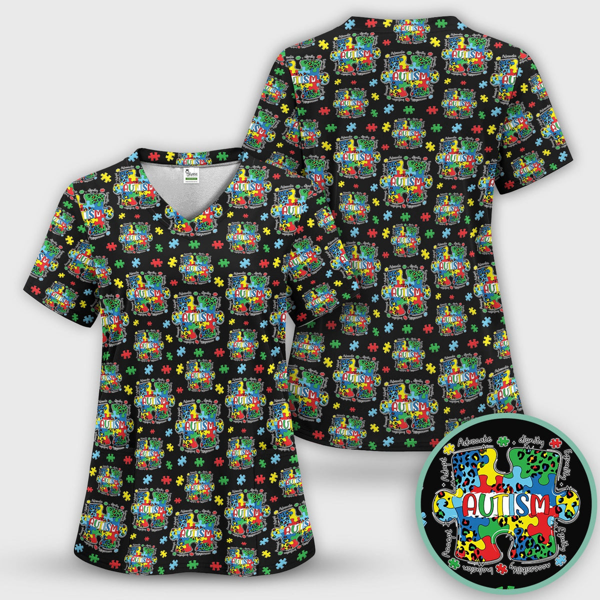 Autism Awareness Puzzle Black White Nurse Scrub Top