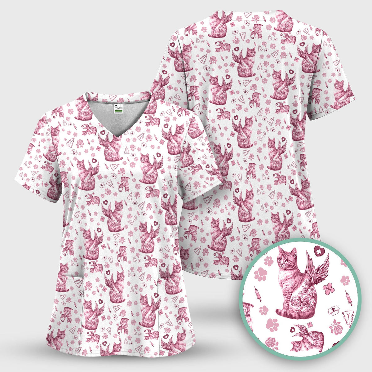 Toile de Jouy Cat Angel Scrub Top - Blue Vintage Nurse Shirt - French Style Medical Uniform for Women RN LPN CNA Gift