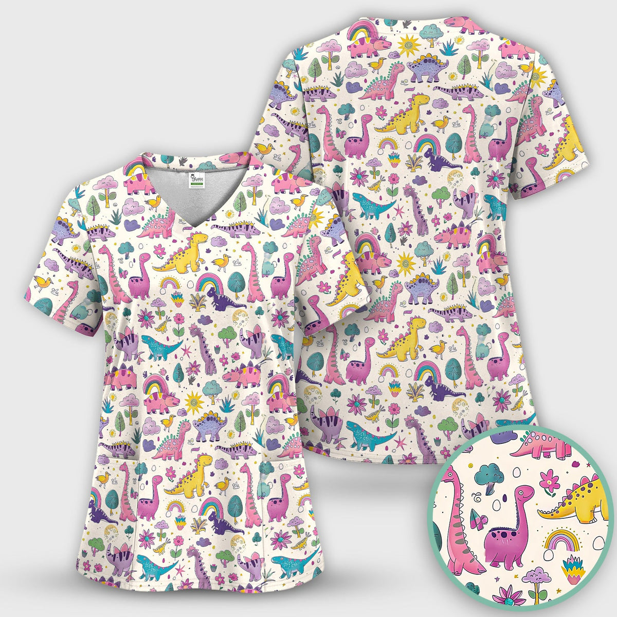Dinosaur Rainbow Nurse Scrub Top