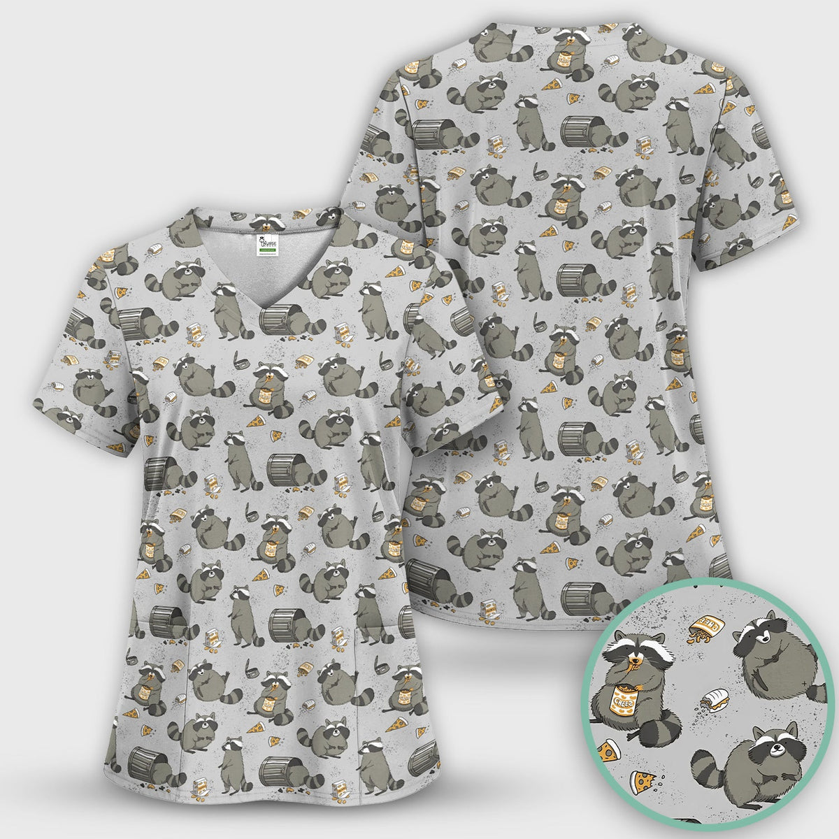 Raccoon Snack Trash Can Nurse Scrub Set