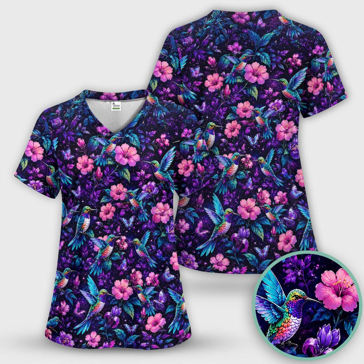 Vibrant Hummingbird Hibiscus Blossom Nurse Scrub Top