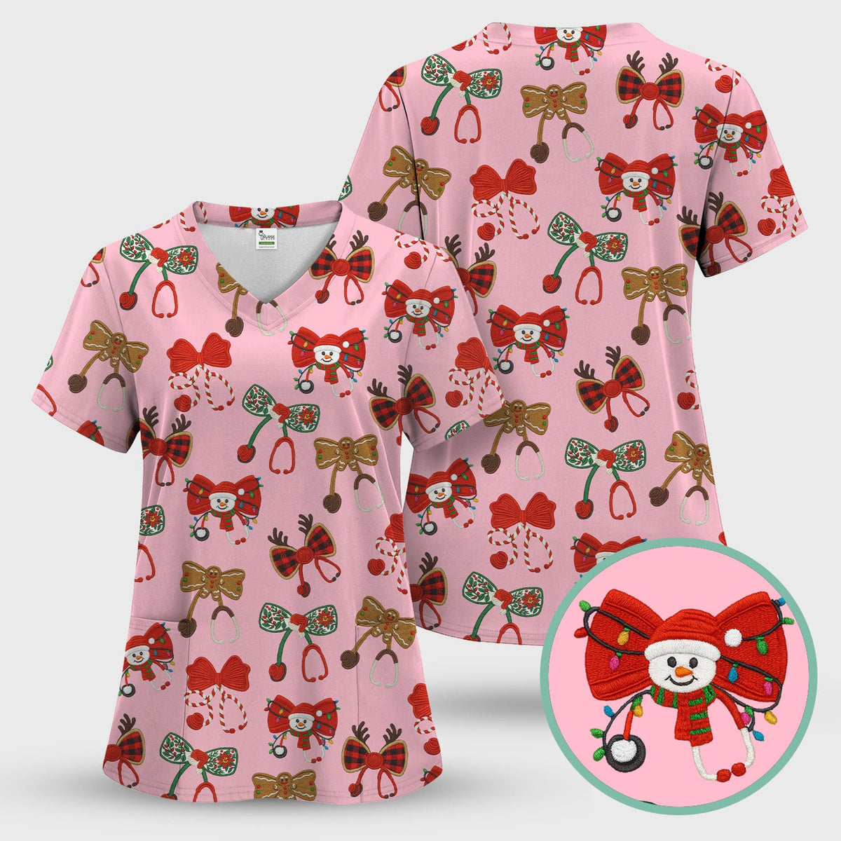 Christmas Stethoscope Bow Nurse Scrub Set