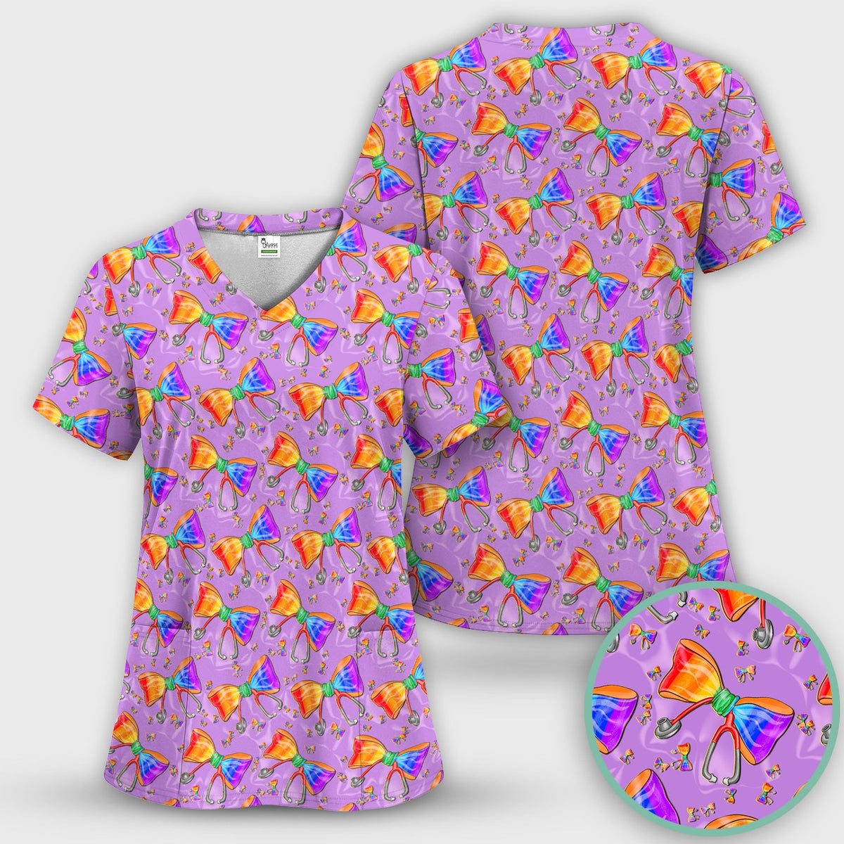 Colorful Rainbow Bow Stethoscope Nurse Scrub Top