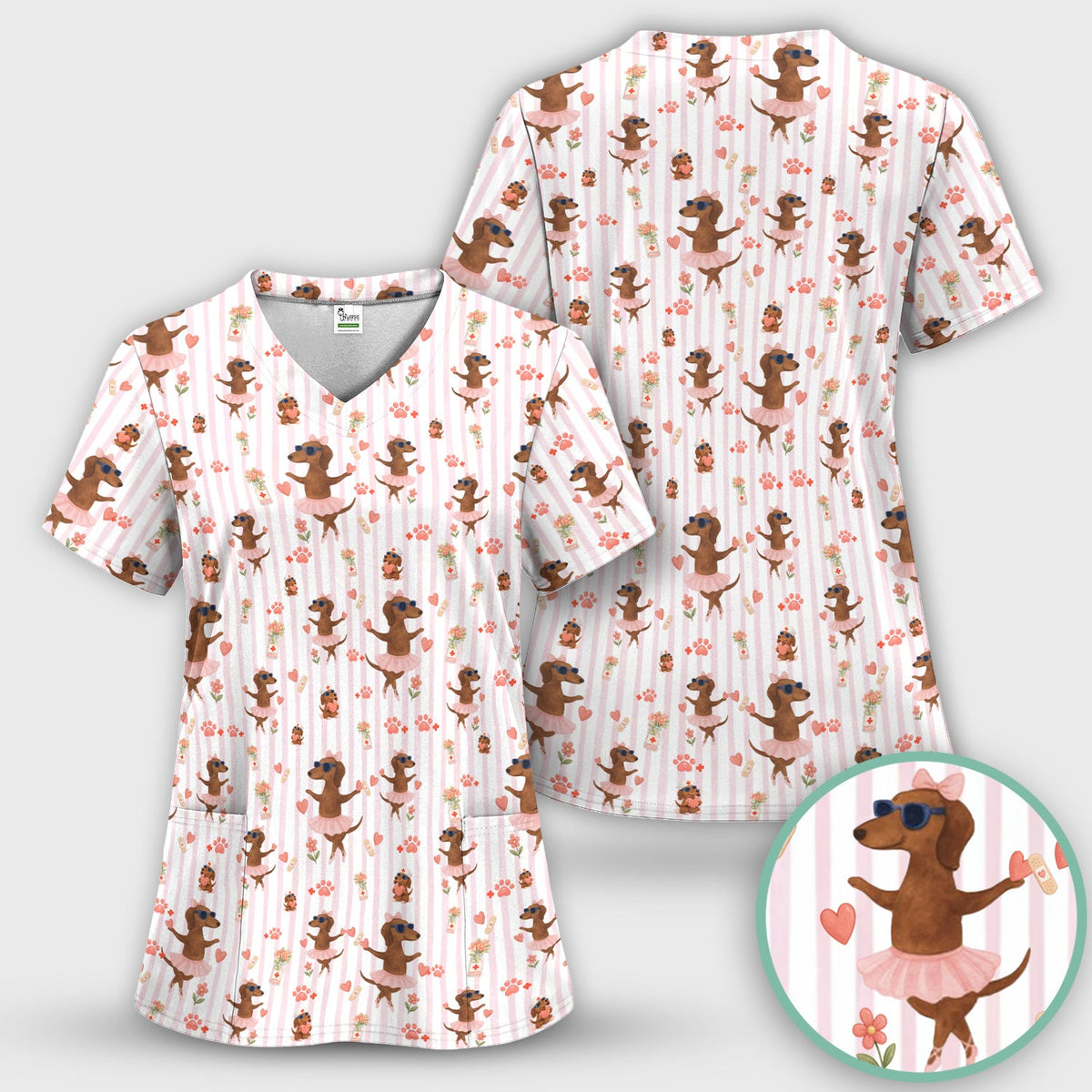 Dachshund Ballet Tutu Hearts Nurse Scrub Top