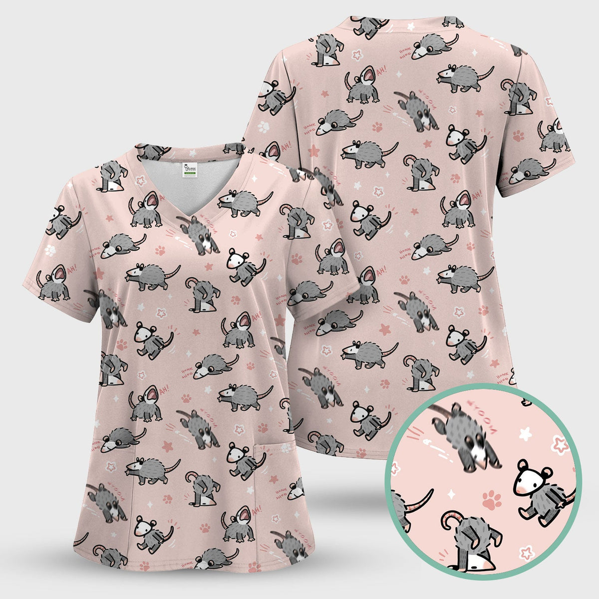 Cartoon Opossum Nurse Scrub Top