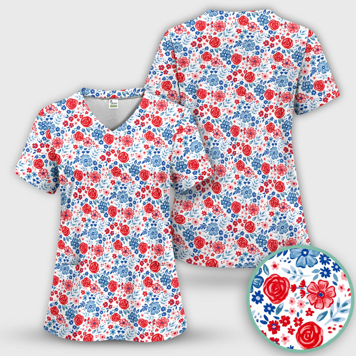 Red Blue Floral Garden Blossom Nurse Scrub Set