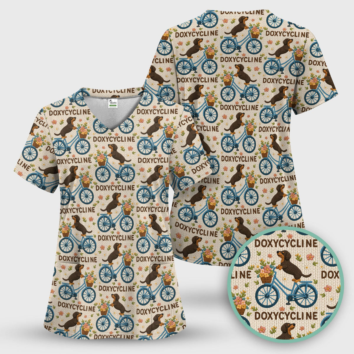 Doxycycline Pharmacy Pun Scrub Top - Dachshund on Bicycle Pharmacists Shirt - Veterinary Technicians Gift
