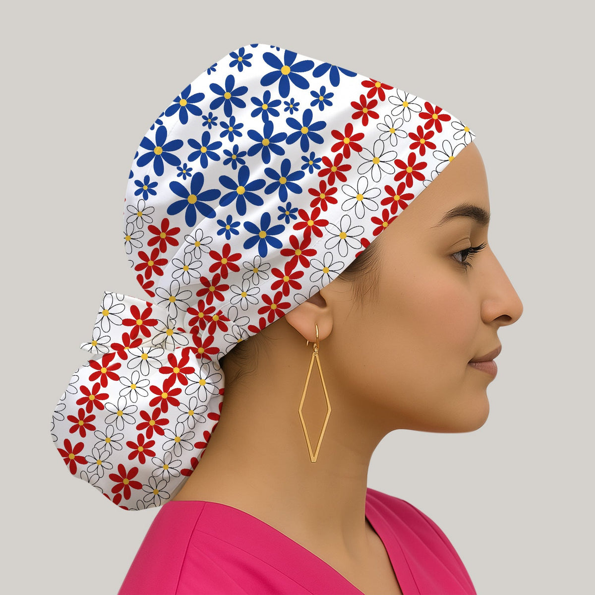 Retro Red Blue Daisy Scrub Cap