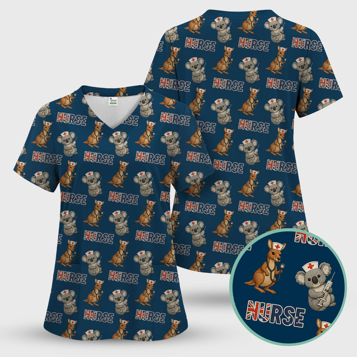 Cute Koala Kangaroo Scrub Top, Australian Nurse Pattern Shirt,  Breathable Fabrics Nursing Uniform