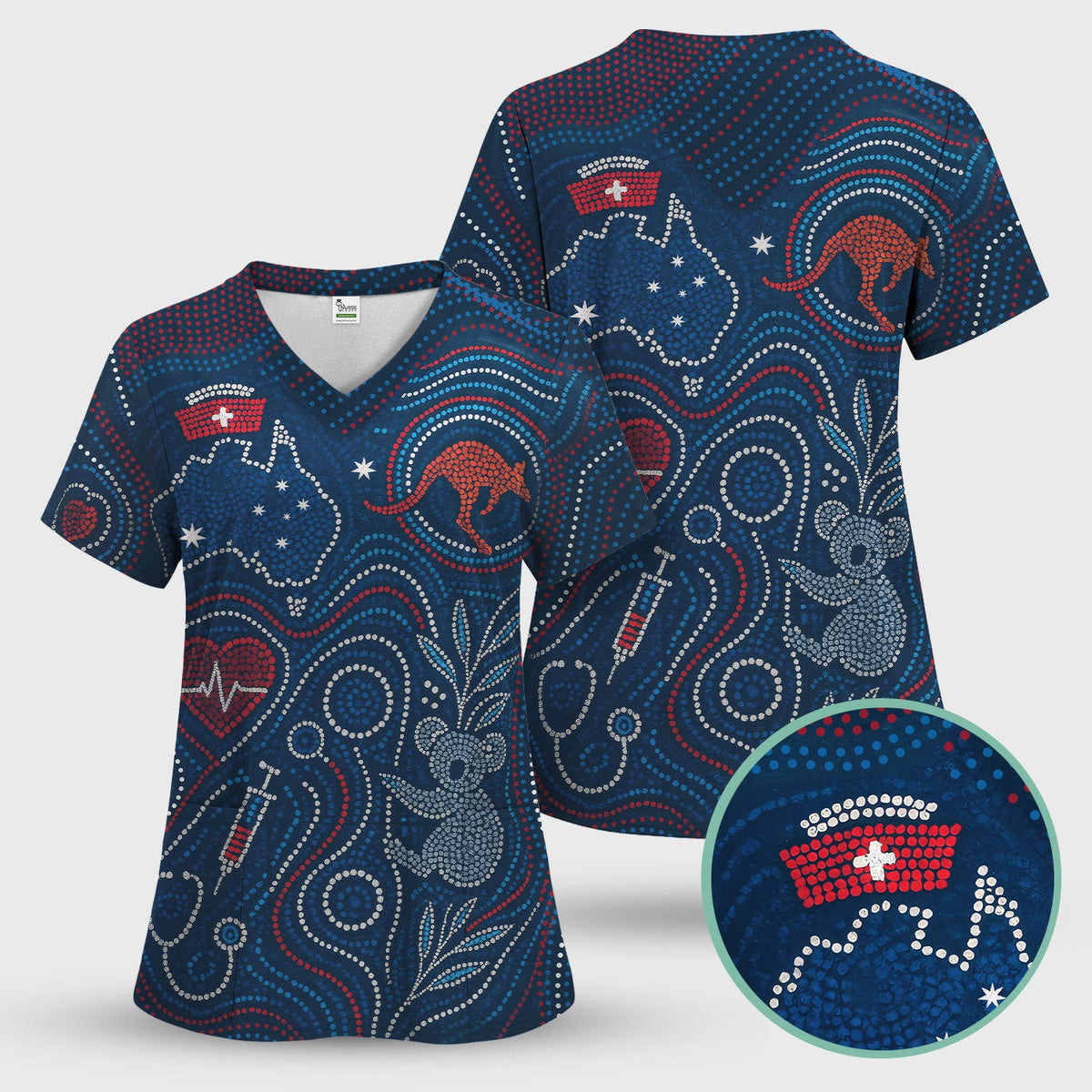 Aboriginal Dot Art Nurse Scrub Set, Australian Kangaroo With Koala Pattern Shirt,  Breathable Fabrics Nursing Uniform