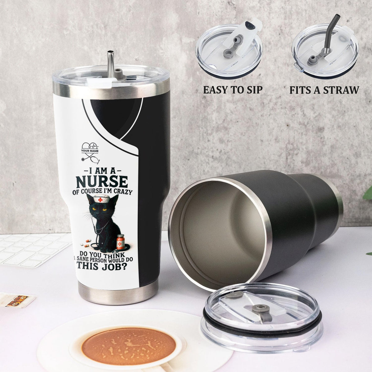 Funny Nurse Tumbler with Black Cat - Personalized 20oz Stainless Steel Cup - Gift for Nurses