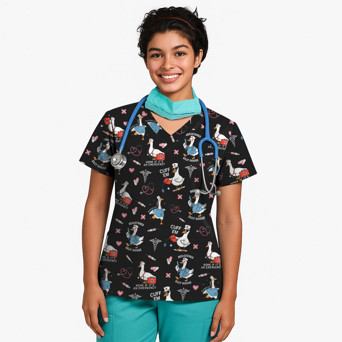 Goose Stethoscope Heart Nurse Scrub Top